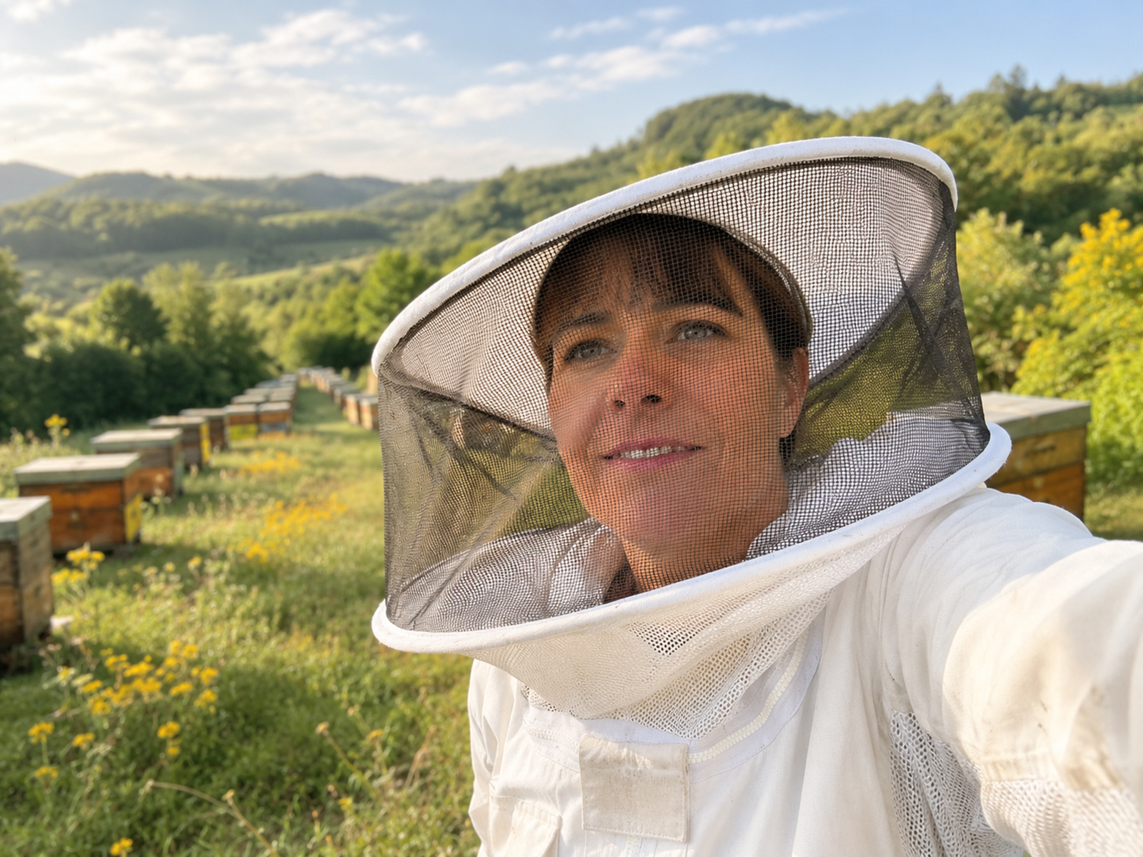 Claire Leroy apicultrice de la Miellerie des Alpilles inspectant une ruche en Provence