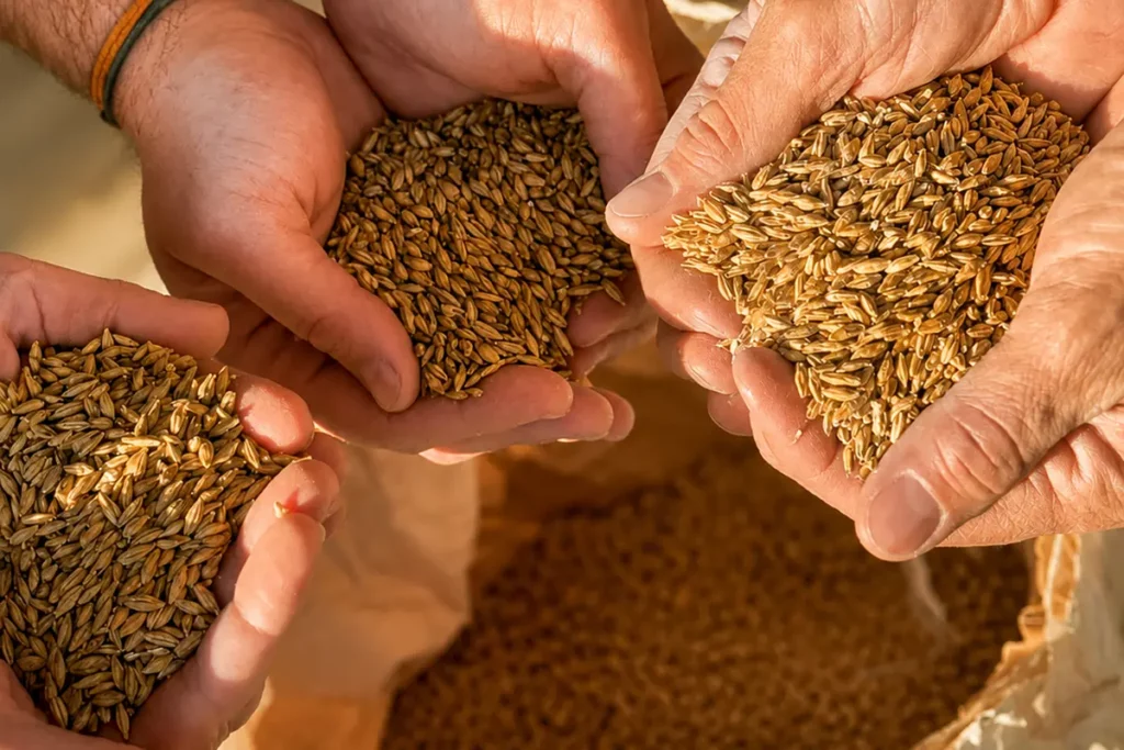 Des mains présentent des grains d’orge maltée, matière première utilisée pour le brassage des bières artisanales de la Brasserie des Alpilles.