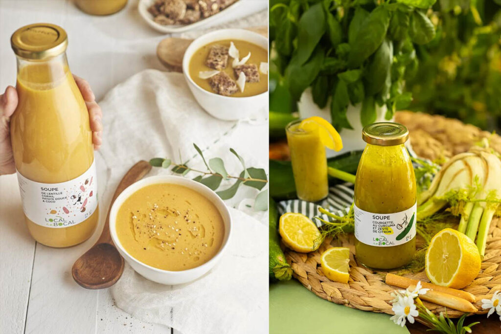 Soupes Local en Bocal aux lentilles corail et aux courgettes présentées avec leurs ingrédients