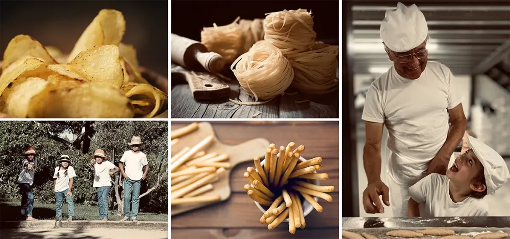 Montage illustrant l’univers des Chips Family : chips artisanales, fabrication traditionnelle et esprit familial.