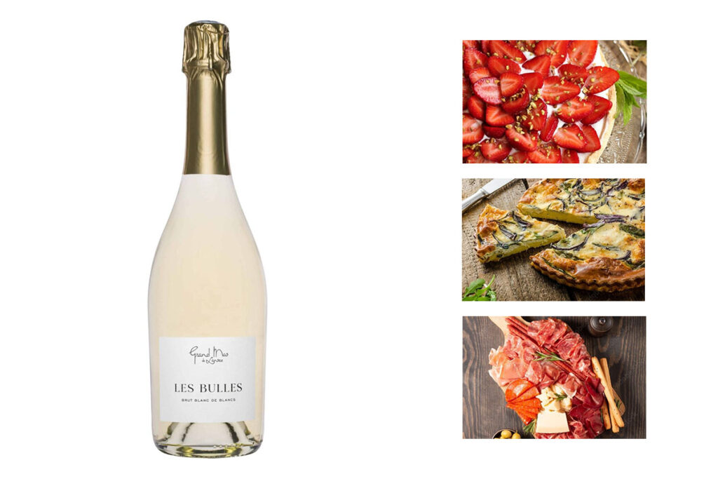 Bouteille Les Bulles du Grand Mas de Lansac à côté de photos de fraises, de tarte salée et de charcuterie