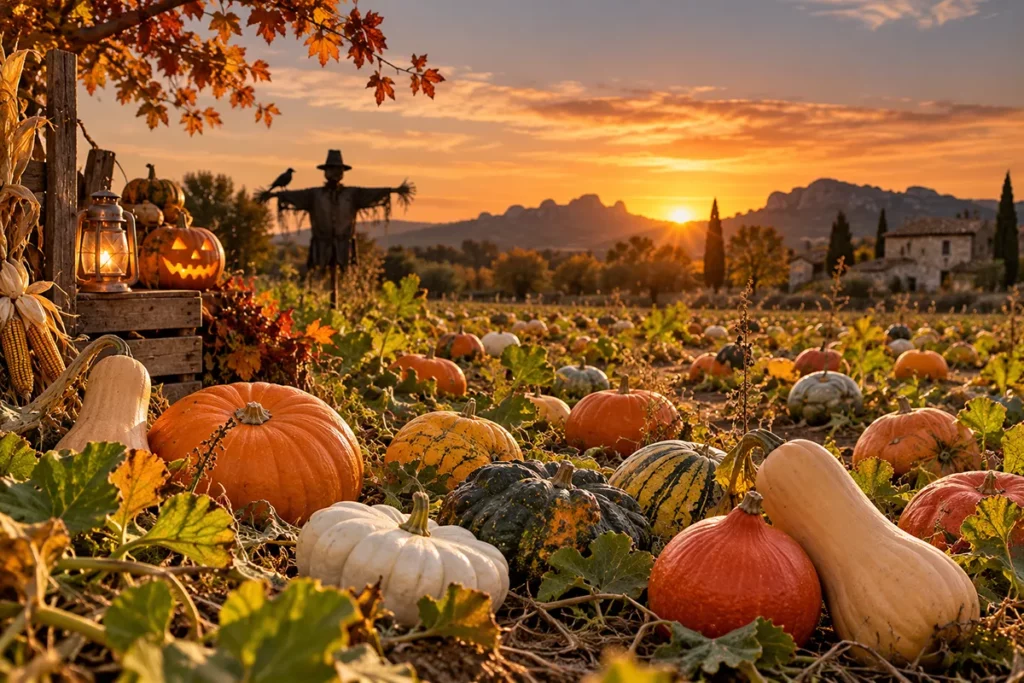 Champ de courges et de potirons au coucher du soleil, avec les Alpilles en arrière-plan et quelques décorations d'Halloween.
