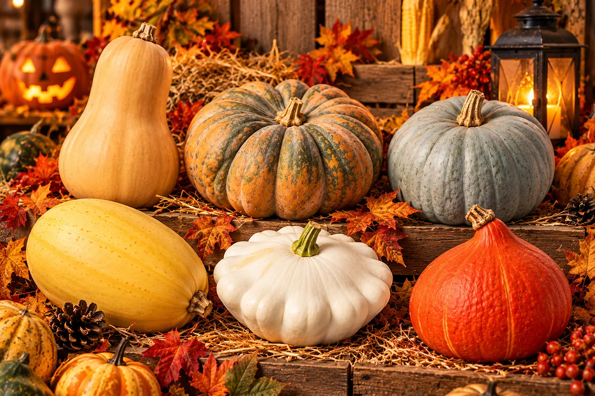 Assortiment de courges d'automne : butternut, muscade, bleu de Hongrie, spaghetti, pâtisson et potimarron, dans un décor d'Halloween.