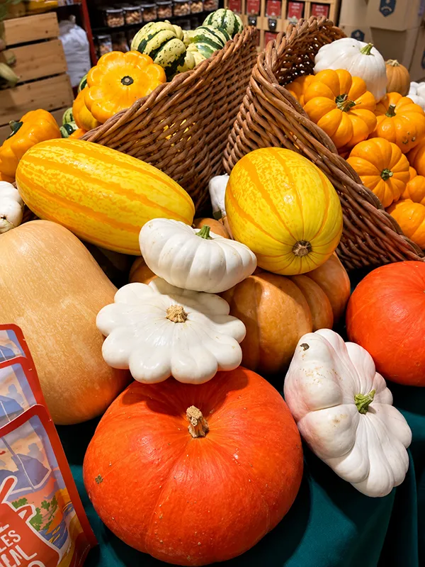 Présentoir de courges colorées, potimarrons et pâtissons dans le magasin Alpilles Bio à Saint-Rémy-de-Provence.