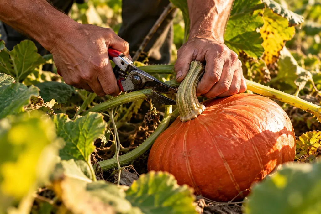 Gros plan sur les mains d'un agriculteur coupant la tige d'une courge orangée à l'aide d'un sécateur, dans un champ.
